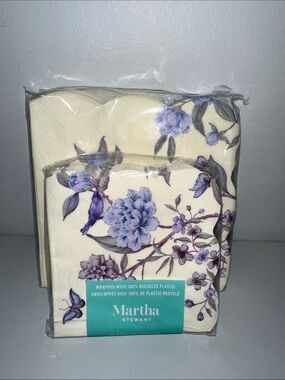 Martha Stewart Ivory Purple Floral Matching Square Cocktail Lunch Napkins 40 x 2